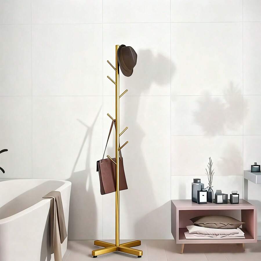 1 pieza Perchero de ropa y sombreros del piso al techo, gancho de abrigo para dormitorio con forma de rama de árbol vertical, soporte para sombrero, bufanda, bolso - Dorado - Ver 1