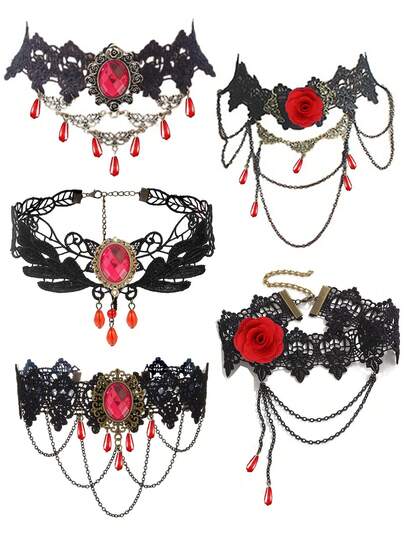5件套哥特风蕾丝项链颈链套装，时尚简约复古项链
