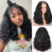 U型卷发假发，适合非裔卷发，18英寸波波头蓬松卷发，自然黑色，无需留毛，夹式半头假发 - 黑色 - 查看 10