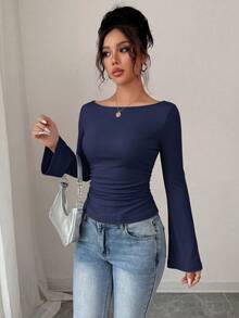 Women's Spring Fall Long Sleeve Shirts Crop Going Out Tops Casual Boat Neck Bell Sleeve Ribbed Ruched Y2K Clothes - Navy Blue - View 6