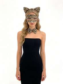Cheetah Costume Set, Leopard Print Cat Ears With Bow, Masquerade Ball Mask, Women's Halloween Costume Accessories, Women's Party Costume, Suitable For Carnival, Halloween Costume Party, Christmas Eve, Birthday Party, Role-Playing Party, Festival Or Costume Party. - Multicolor - View 8