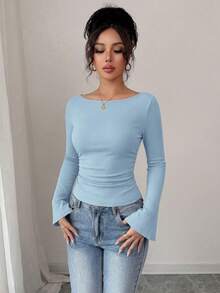 Women's Spring Fall Long Sleeve Shirts Crop Going Out Tops Casual Boat Neck Bell Sleeve Ribbed Ruched Y2K Clothes - Light Blue - View 6