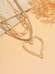 Set de 2 collares: 1 collar con colgante de corazón hueco asimétrico de oro mate versátil y 1 collar de cadena gruesa vintage de oro, adecuado para uso diario, citas, fiestas y festivales de música - Dorado - Ver 3