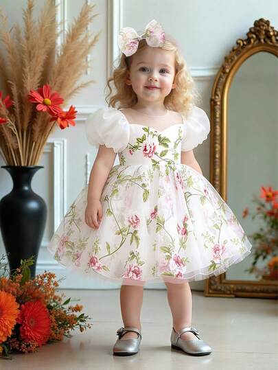 Baby Girls Short Sleeve Rose Flower Print Organza Cute Wedding Flower Girl Princess Dress, Suitable For 1st Birthday Party, Prom, Banquet, Fabric Floral Pattern Random