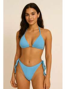 Ribbed Triangle Bikini Bottom, Double String Bikini Bottom, Semi-Thong - Baby Blue - View 2