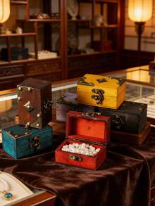 1pc Vintage Mini Wooden Jewelry Storage Box, Ring Necklace Packaging Box, Antique Wooden Box, Art Collection Box, Craft Wooden Box, Unique Gift Box, Antique Collectibles Storage Box, Secret Treasure Box - Multicolor - View 2