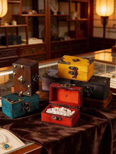 1 st. mini-förvaringslåda för smycken i vintagestil, förpackningslåda för ringar och halsband, antik trälåda, konstsamlingslåda, hantverkslåda i trä, unik presentask, förvaringslåda för antika samlarföremål, hemlig skattkista