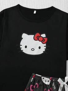 Bộ đồ ngủ Hello Kitty 2 mảnh mùa xuân/hè mới, áo và quần short tay ngắn, kiểu dáng thoải mái, dễ thương, in hình KT, bộ đồ mặc nhà thanh lịch. - màu đen - Xem 5