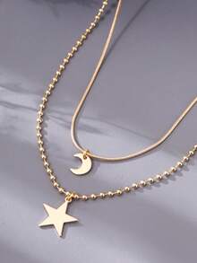Set de 2 collares con colgante de estrella y luna de cobre con diseño único de cadena de hueso de serpiente en capas, regalo lindo para niñas - Amarillo Oro - Ver 3