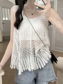 女士镂空钩编针织背心，夏季白色 - 白色 - 查看 4