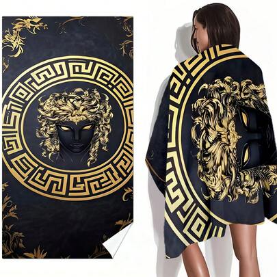 Toalla de playa de lujo con Medusa griega (180,34 x 90,17 cm), microfibra supersuave de rápida absorción, compacta, con estampado de Medusa en negro y dorado, diseño costero moderno, ideal para senderismo, camping, playa y aventuras al aire libre en verano.