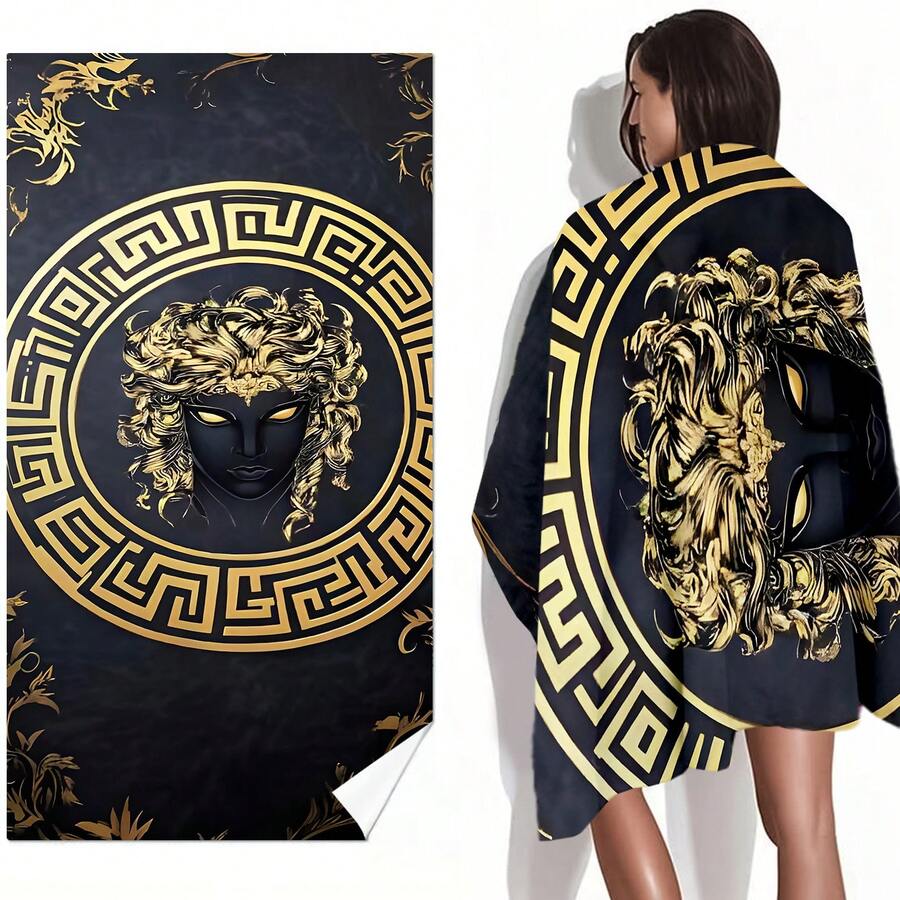 1条奢华希腊美杜莎沙滩巾 - 180.34x90.17厘米，速吸超柔软超细纤维，轻便易携，黑金美杜莎印花，现代海岸风设计，适合徒步旅行、露营、海滩、夏季户外探险 - 1 - 查看 1