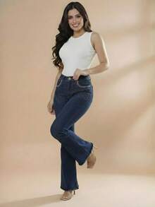 pthirillo Women's Dark Blue Flare Jeans With Butt-Lifting, High Waist, And Rhinestone Detail - Premium Rhinestone Jeans - 口袋水鑽 - 查看 9