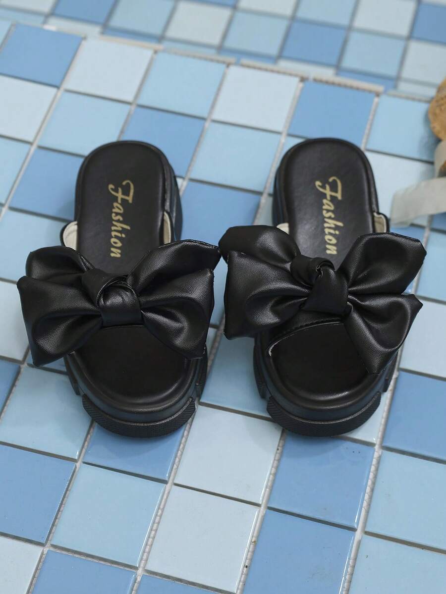 1双黑色蝴蝶装饰PU圆头拖鞋，厚底设计，适合6-15岁女孩休闲、散步、海滩、日常穿着，2026春夏新款 - 黑色 - 查看 1
