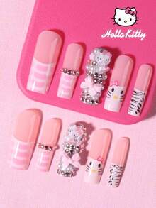SANRIO 三麗鷗 Hello Kitty 24入長方豹紋與粉色法式穿戴甲，3D可愛 Hello Kitty 蝴蝶結、珍珠、花朵與水鑽設計，完美貼合壓克力假指甲組，適合女孩日常與派對使用 - 彩色 - 查看 3