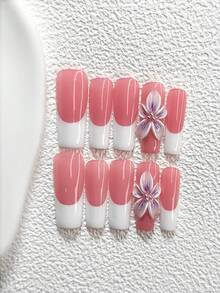 10pcs Minimalist French Style Acrylic Nail Art Kit, Handcrafted Gradient Blue-Purple 5-Petal Flower Nail Decorations, White French Nail Polish, Classic Elegant Style, Ideal Gift For Women & Girls, Includes Nail Tools (1 Jelly Sticker + 1 Nail File), 3 Size Options Nails Handmade Press On Nails - 彩色 - 查看 17