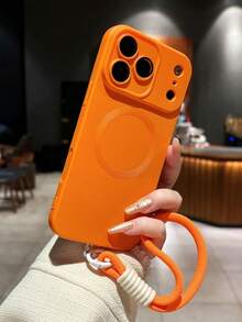 时尚哑光磁吸手机壳，带腕带，兼容 17 Pro Max、17 Pro、17 Air、17、16、15、14 Plus、13、12、11 Pro Max，玻璃镜片，支持无线充电保护套 - 橘色+繩 - 查看 4