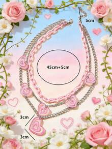 1pc Multi-Layer Heart Print Necklace, Rose Red - Blue - View 10