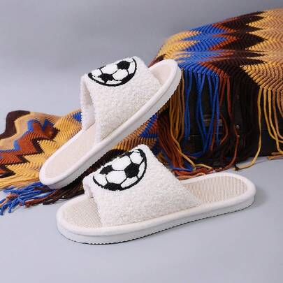 舒适露趾轻便休闲足球/沙滩毛绒拖鞋，四季居家穿着皆宜