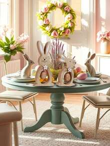 Set de 2 piezas Decoración apilable de conejo y huevo de madera lindos, decoración alegre de primavera para el hogar y fiestas - Edición del Conejito de Pascua - Ver 5