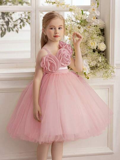 Young Girl 3D Floral Dress Asymmetric Mesh Patchwork Princess Dress, Suitable For Birthday Gift, Banquet, Ball, Party, School Performance, Important Holiday Celebration