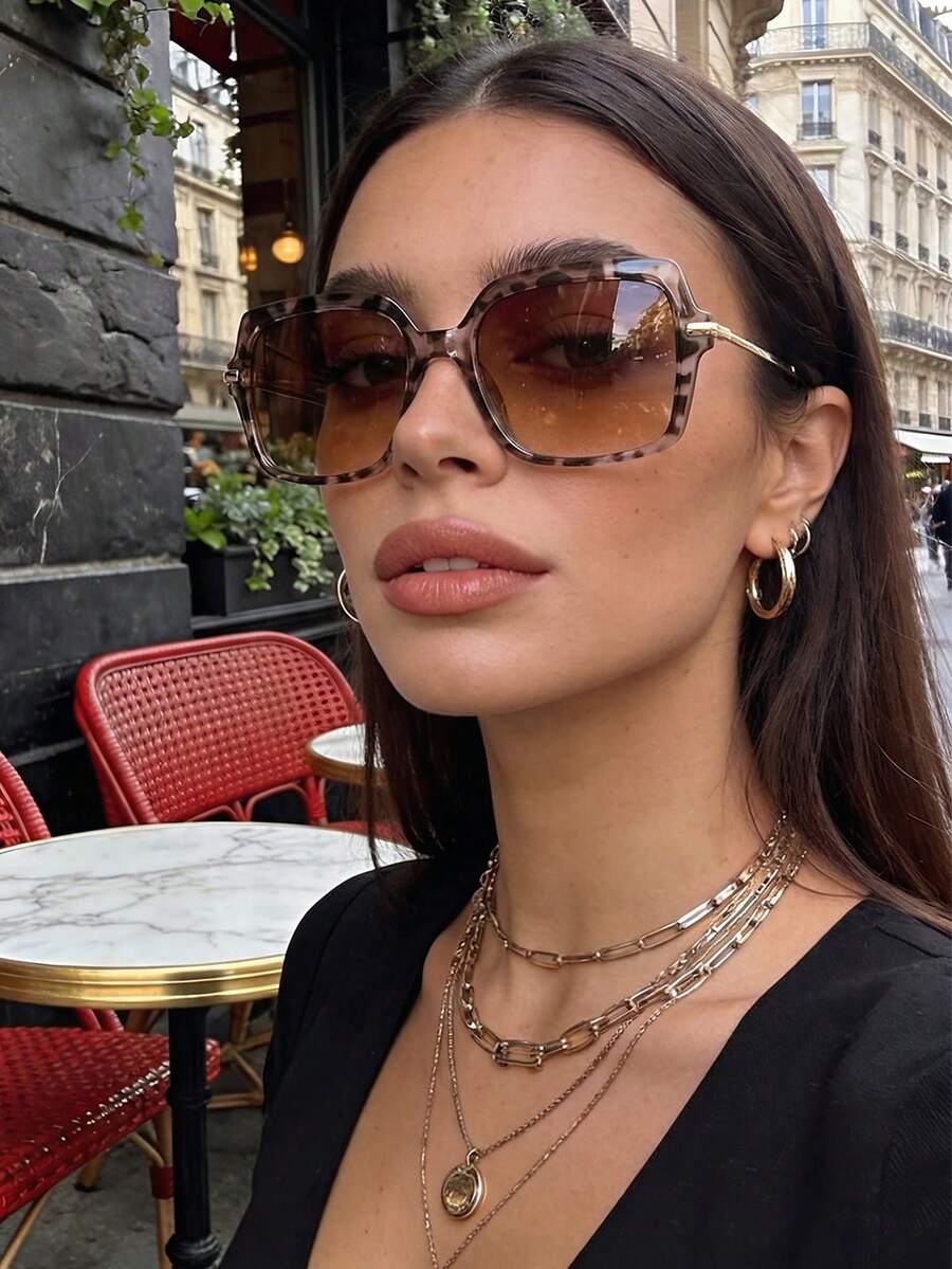 Leopard Print Retro Square Metal Arm Sunglasses, Classic Fashion Eyewear For Outdoor Travel Beach Vacation Casual Wear, Summer UV Protection Driving Glasses - Multicolor - View 1