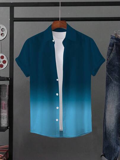 加大码男士纯色前开襟休闲短袖衬衫，可机洗