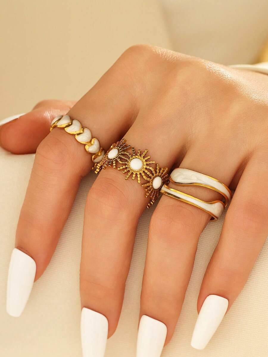 Bộ 3 chiếc nhẫn hình trái tim và mặt trời bằng thép không gỉ mạ vàng 304, có thể điều chỉnh kích thước, chống nước, chống mồ hôi và chống phai màu, thích hợp để phụ nữ đeo hàng ngày hoặc làm quà tặng. - Vàng - Xem 1