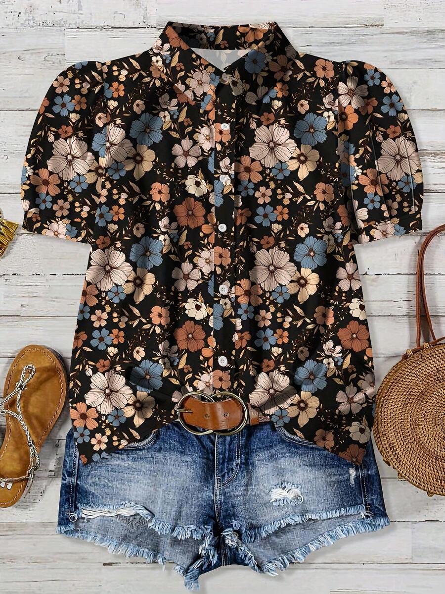 Women's Black Vintage Floral Blouse: Cottagecore Puff Sleeve Button-Down Top. Retro Short Crop Style Perfect For Date Nights, Summer Vacations, Or As A Stylish Going Out Top. - 混合色 - 查看 1