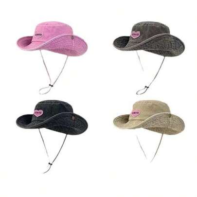 女士爱心字母印花纯色休闲渔夫帽，轻便透气，防晒，适合户外活动，春夏款