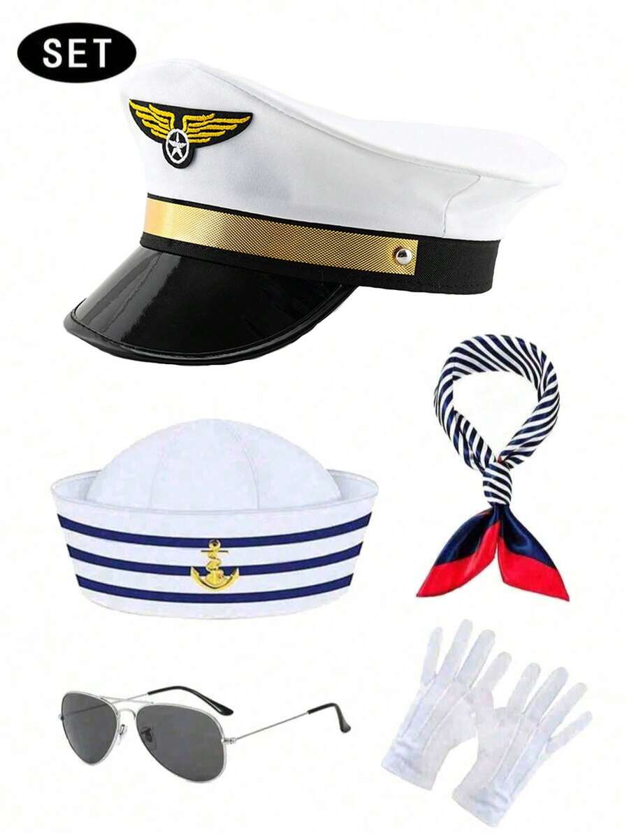 服装套装、帽子套装、帽子组合、角色扮演服装、海军帽、白色帽子、复古平顶军帽、海军上尉水手帽、蓝白条纹、船长帽、水手帽、套装、圆顶、游艇服装、派对、万圣节、情人节、礼物、夏季、派对服装、百搭、性感服装、派对用品、服装配饰组合、适合各种场合，如活动、派对、海边、度假、沙滩和日常穿着 - 白色 - 查看 1