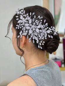 1pc Handmade Silver Flower Bridal Hair Clip, Rhinestone Decor Women Headpiece Suitable For Wedding, Party, Holiday Gift - Silver - View 10