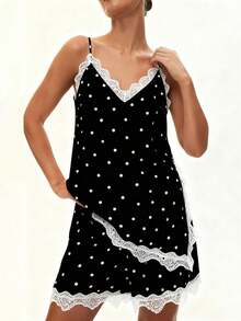 Women Summer Outfit Dot Print Lace Trim Spaghetti Strap Asymmetrical Tops And Shorts 2 Piece Casual Set - màu đen - Xem 1