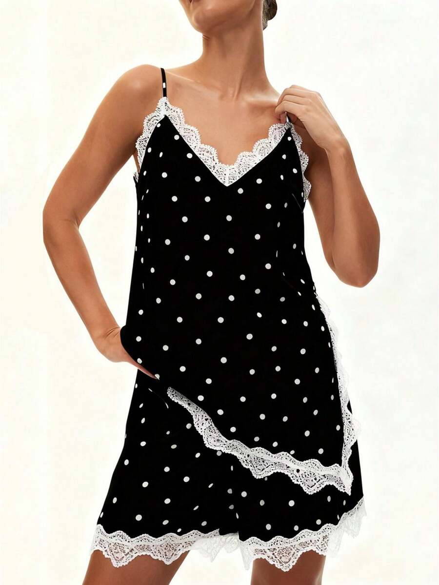 Women Summer Outfit Dot Print Lace Trim Spaghetti Strap Asymmetrical Tops And Shorts 2 Piece Casual Set - màu đen - Xem 1