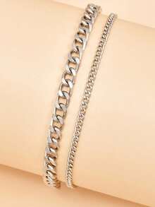 Set de 2 tobilleras minimalistas de acero inoxidable y cadena simple para hombres - Plateado - Ver 4