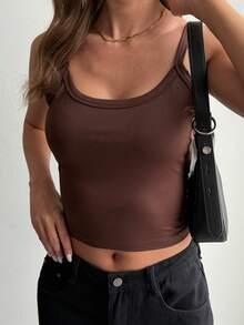 Vaiaye 女士时尚内衣风上衣，春夏圆领修身休闲度假性感吊带背心，无袖吊带T恤，适合日常穿着、工作通勤。 - 咖色 - 查看 5