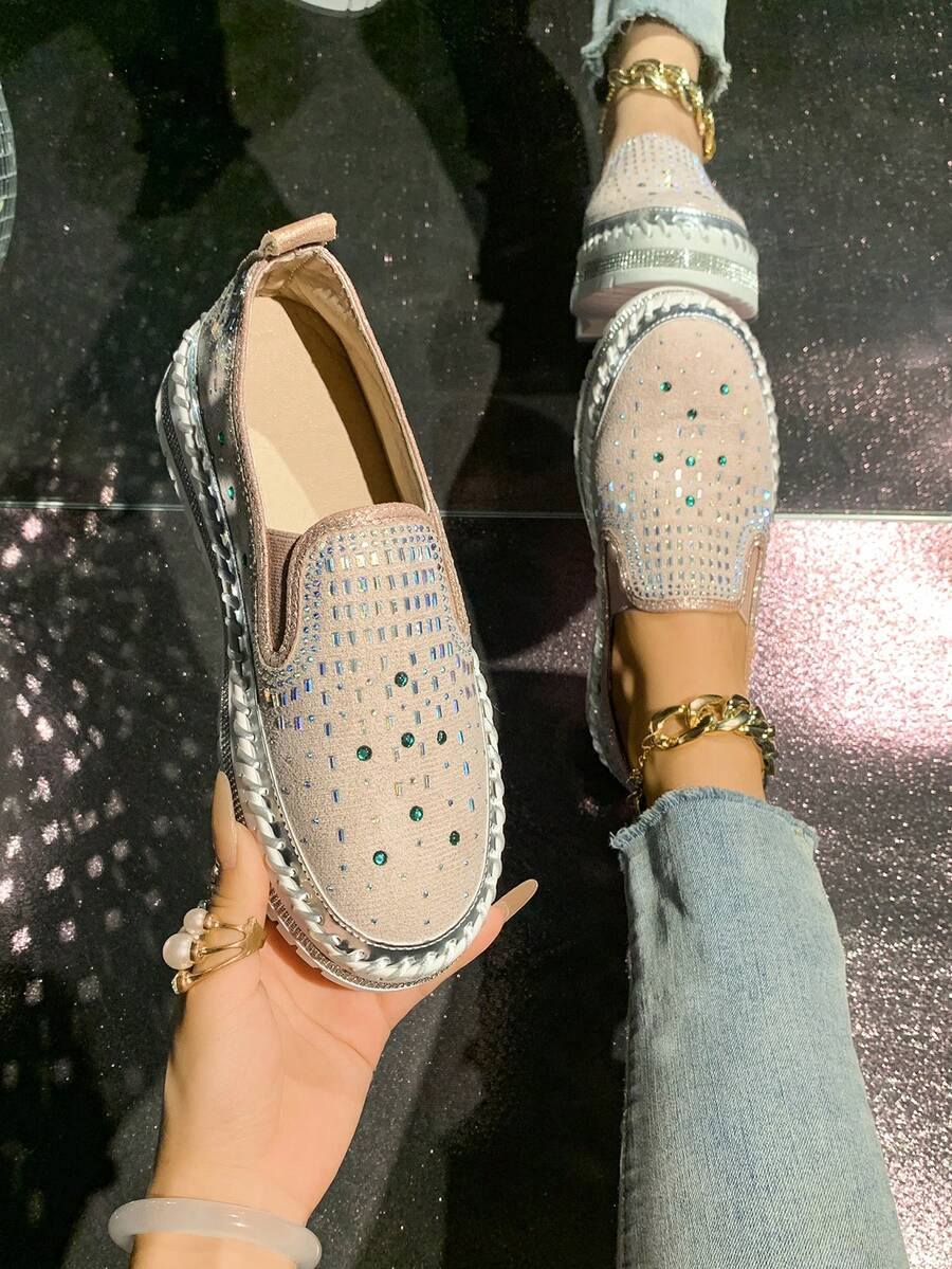 春秋季水钻装饰乐福鞋，女士透气休闲平底鞋，时尚套脚慵懒鞋 - 粉色 - 查看 1