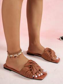 Women's Handmade Pleated Rose Design Strap Sandals, Beautiful & Fashionable Upper, Foil Printed Sole, Casual Square Open Toe Flat Shoes, Lightweight Slip-On Sandals For Summer - Brown 2 - View 5