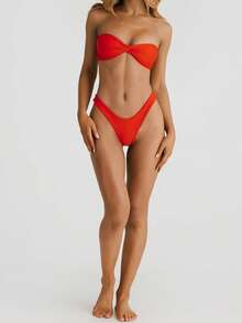 Womens Bandeau Bikini Sets Strapless Two Piece Swimsuit Y2K High Cut Cheeky Swimsuit Teen Girls Twisted Ruched Bathing Suit - Đỏ - Xem 4