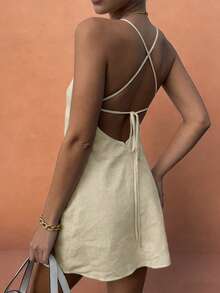 Women's Fashionable Versatile Elegant Tie-Up Sleeveless Mini Skirt, Suitable For Spring/Summer - Apricot - View 8