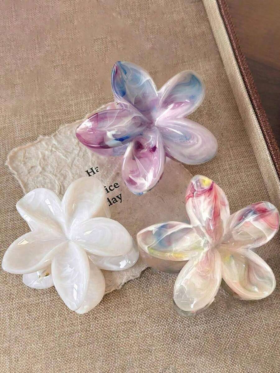 3个/1个女士白色和紫色彩色7.6厘米/2.99英寸花朵大号轻便塑料发夹，时尚百搭高端优雅简约纯色发爪，适合日常外出、休闲、派对、通勤、海滩、度假、发型设计、洗脸、化妆、服装配饰等场合。 - 彩色 - 查看 1