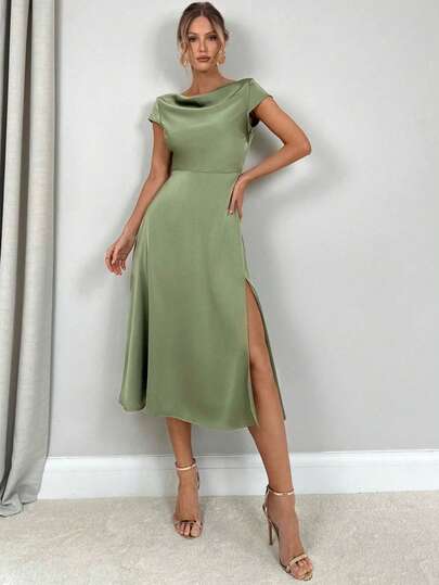 Đầm nữ cao cấp bằng lụa satin, xẻ tà, thích hợp cho tiệc tùng và đám cưới mùa xuân/hè.