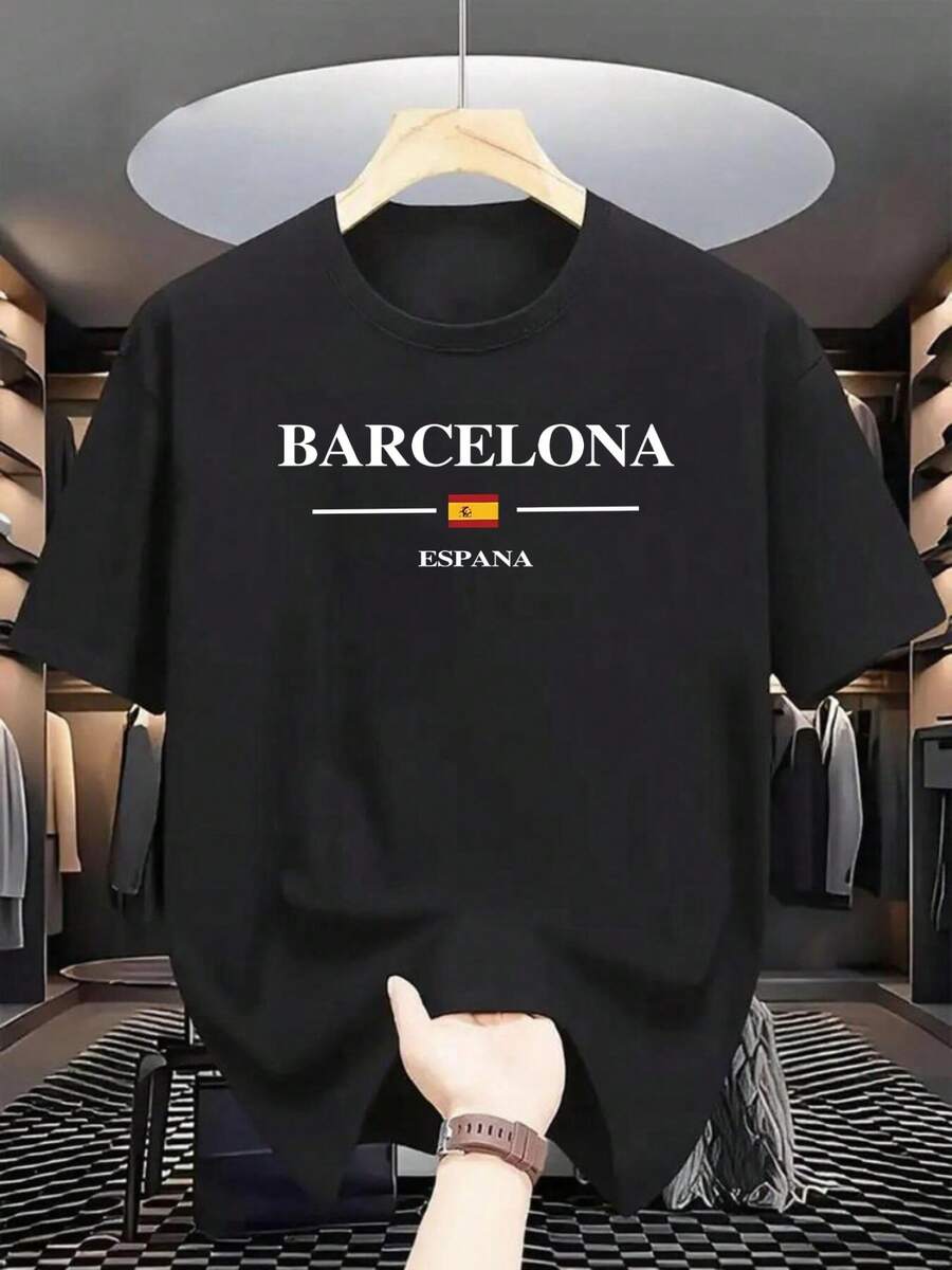 Men's Barcelona Spain Graphic Print Casual T-Shirt - Breathable Polyester Round Neck Short Sleeve Tee For Summer Streetwear & Vacation Comfort, Relaxed Fit Shirt, Travel Clothing, Urban Fashion, Lightweight Material, Street Style - 黑色1 - 查看 1