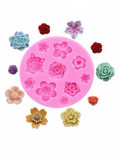 1个粉色液态硅胶迷你花朵模具，DIY树脂饰品配件模具，可用于制作发夹、发圈、鞋花、鞋扣、手机壳、装饰配件等。