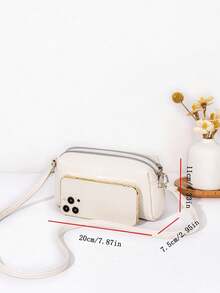 1pc Women's Solid Color Metallic Texture Oilcloth Leather Crossbody Bag, Dual Zipper One Shoulder Small Square Bag - White - View 3