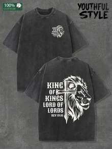 Cotton Men's Washed T-Shirt, Men's Lion Christian Shirt Men King Of Kings Shirt Cross Christian Shirt For Man Faith Tee Religious Dad Tshirt ,Unisex,Suitable For All Seasons, Made Of Cotton, Comfortable And Breathable,Mens Gifts - 黑色 - 查看 1