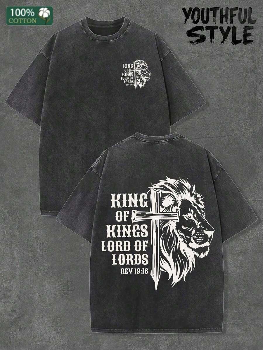 Cotton Men's Washed T-Shirt, Men's Lion Christian Shirt Men King Of Kings Shirt Cross Christian Shirt For Man Faith Tee Religious Dad Tshirt ,Unisex,Suitable For All Seasons, Made Of Cotton, Comfortable And Breathable,Mens Gifts - 黑色 - 查看 1