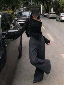 韩版露肩系带抽绳褶饰长袖T恤 - 黑色 - 查看 4