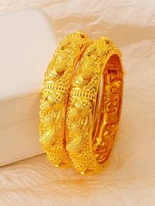 Set de 4 brazaletes vintage con diseño floral hueco - Pulseras de lujo de cobre para mujeres, adecuadas para bodas y compromisos - 4 piezas - Ver 5