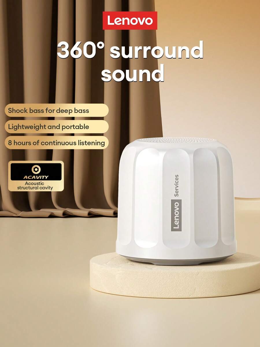Lenovo 联想HD107蓝牙音箱，无线桌面便携式播放器，环绕声升级，蓝牙6.0，车载、露营、户外适用，带低音炮，无线小型音箱，兼容智能手机、笔记本电脑 - 白色 - 查看 1